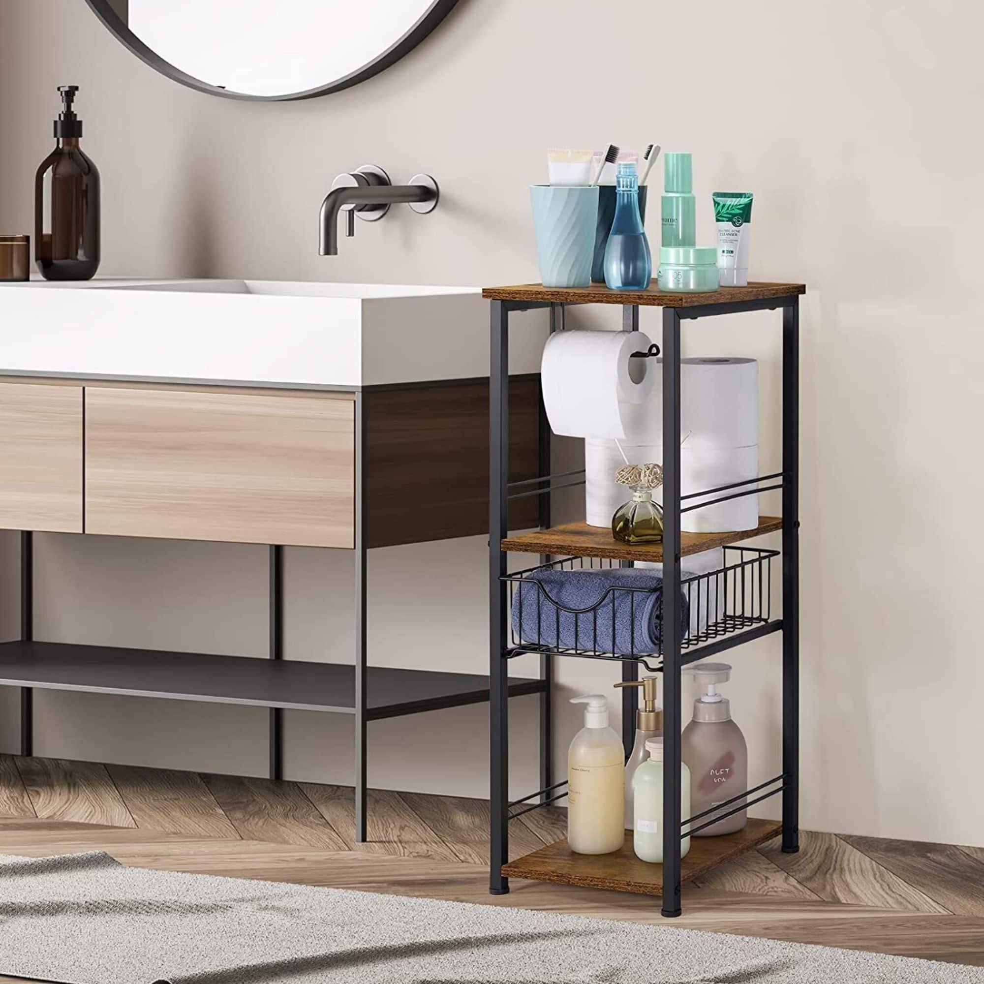 NEX™ 28" Freestanding 3-Tier Storage Shelf with Basket Drawer & Toilet Paper Holder